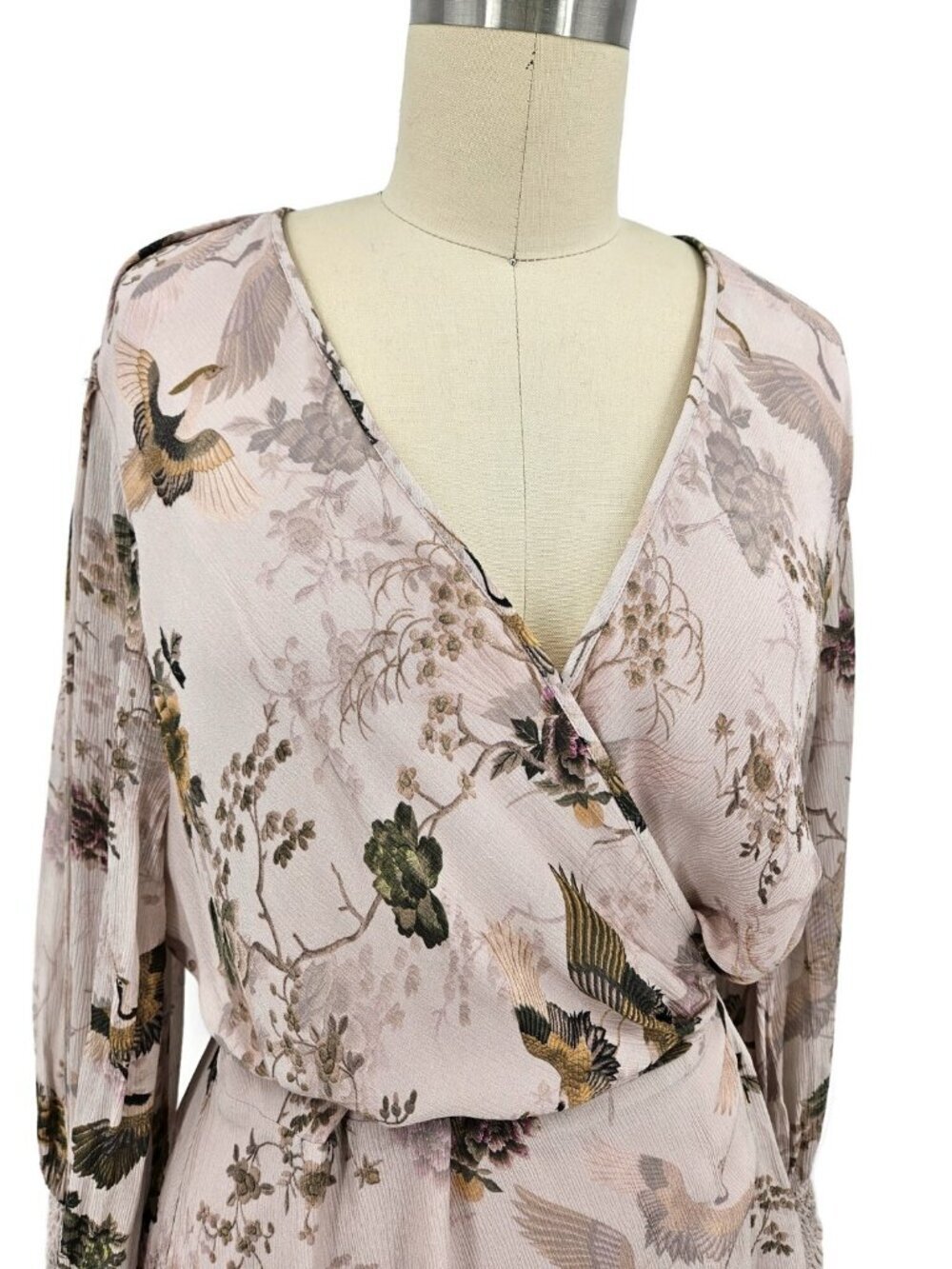 Allsaints Ari Peggy Floral Print Wrap Dress Womens 12 Dusty Pink Crane  Ruffles - Picture 3 of 9
